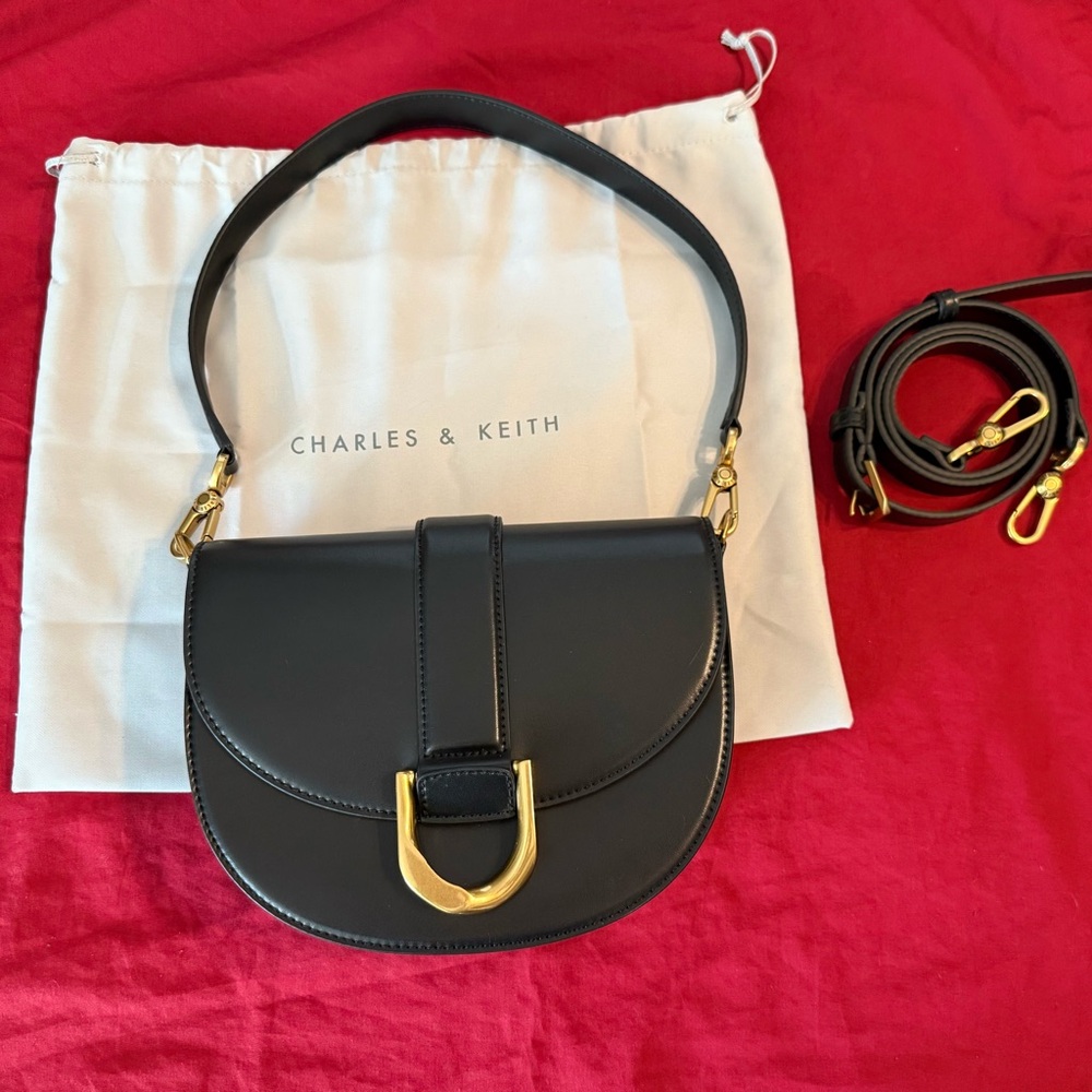 Charles & Keith Black Crossbody Bag with Gold Accents